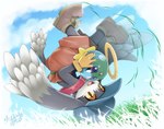 anthro big_collar blush bottomwear clothing cloud collar duo footwear gloves grass handwear long_ears male oversized_collar pants plant shoes smile yellow_eyes shaolin_bones bandai_namco klonoa_(series) huepow klonoa domestic_cat felid feline felis mammal