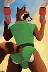 anthro blaster_pistol brown_body brown_fur bulge clothed clothing fur leotard male red_eyes simple_background smoke solo tail weapon sylo guardians_of_the_galaxy marvel rocket_raccoon mammal procyonid raccoon 2023 2:3 absurd_res digital_media_(artwork) hi_res