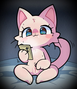 bed blue_eyes blush bodily_fluids cellphone clitoris electronics female feral furniture genital_fluids genitals looking_at_object looking_at_phone masturbation on_bed phone pink_body saliva saliva_string sitting sitting_on_bed smartphone solo spread_legs spreading vaginal_fluids vulva plumflavor mario_bros nintendo sega sonic_the_hedgehog_(series) mario sonic_the_hedgehog felid feline mammal