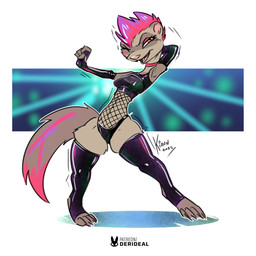 4_toes anthro biped breasts brown_body brown_fur choker clothed clothed_anthro clothed_female clothing dancing exposure_variation facial_markings feet female fishnet_clothing fishnet_topwear fur gloves hair handwear head_markings jewelry latex latex_clothing latex_gloves latex_handwear latex_legwear latex_thigh_highs latex_topwear legwear markings mask_(marking) motion_lines narrowed_eyes necklace one_eye_closed open_mouth open_smile orange_eyes patreon_username pink_hair purple_hair short_hair simple_background skimpy slim small_breasts smile solo tail teeth thigh_highs toes topwear kiaun brolly_ferret domestic_ferret mammal mustelid musteline true_musteline weasel 1:1 2025 colored dated digital_media_(artwork) full-length_portrait hi_res portrait signature