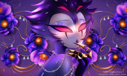 4_eyes anthro blue_body blue_feathers feathers femboy flower jewelry looking_at_viewer makeup male multi_eye plant red_eyes solo melledraws hellaverse helluva_boss stolas_(helluva_boss) avian bird owl absurd_res hi_res