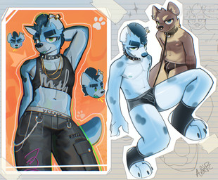 anthro clothed clothing collar crop_top duo ear_piercing fur gloves_(marking) male male/male markings multicolored_body multicolored_fur navel nipples piercing shirt simple_background smile smiling_at_viewer spiked_collar spikes spots spotted_body spotted_fur tail text text_on_clothing text_on_underwear tongue tongue_out topwear underwear underwear_only visible_underwear ankorthewolf ankor_(ankorthehyena) theo_(ankorthehyena) gulonine hyena mammal marten mustelid musteline pine_marten absurd_res hi_res signature