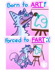 2_panel_comic among_us andromorph_(lore) blue_body blue_fur blue_hair brush canid canine canvas cheek_tuft chest_tuft comedic_fart ears_back english_text eyes_closed facial_tuft fart fart_cloud fart_joke feral fox frown fur green_markings hair half-closed_eyes hi_res humor innersloth luckfoxo33 male mammal markings meme narrowed_eyes paintbrush pivoted_ears purple_body purple_fur smile solo text tolng trans_(lore) trans_man_(lore) tuft