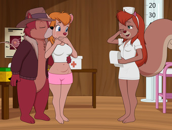 anthro black_nose blonde_hair blue_eyes blush bottomless bottomless_anthro bottomless_male bottomwear breasts brown_body brown_fur clothed clothed_anthro clothed_female clothing female fur green_eyes group hair male male/female micro midriff navel nurse_clothing nurse_uniform one_eye_closed open_mouth orange_hair ovum pregnant pregnant_female shirt shorts tail tan_body tan_fur tank_top topwear trio uniform sfan chip_'n_dale_rescue_rangers disney chip_(disney) gadget_hackwrench tammy_squirrel chipmunk ground_squirrel mammal mouse murid murine rodent sciurid tree_squirrel story story_at_source story_in_description