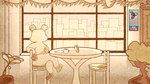 cafe city cityscape female furniture horizon light looking_away plant rear_view relaxing sitting solo sunlight table window ajicitoart canid canine canis domestic_dog mammal molosser pug small_molosser toy_dog 16:9 absurd_res hi_res monochrome sepia widescreen