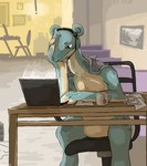 ambiguous_gender annoyed anthro blue_body blue_skin chair computer cubicle electronics flipper_hands furniture headset_microphone laptop office office_chair shell simple_background solo graffiti_(artist) nintendo pokemon generation_1_pokemon lapras pokemon_(species) hi_res