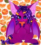 bat_wings big_ears blue_eyes blush bodily_fluids claws ear_tuft fangs female feral food fruit hooves inner_ear_fluff looking_down membrane_(anatomy) membranous_wings orange_(fruit) plant pupils purple_body saliva slit_pupils smile solo teeth tuft wing_claws wings pesty_skillengton hasbro my_little_pony bat_pony equid mammal absurd_res hi_res