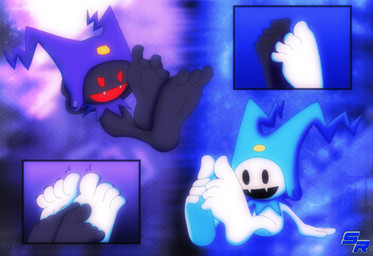 4_toes barefoot big_feet black_body black_eyes blue_background blue_clothing blue_hat blue_headwear clothing crossed_feet detailed_background feet feet_together foot_fetish footsie hat headgear headwear male purple_background purple_clothing purple_hat purple_headwear red_eyes simple_background sitting smile solo tickling tickling_feet toes white_body ryoosakuling atlus megami_tensei sega black_frost jack_frost_(megami_tensei) demon humanoid imp 2021 absurd_res digital_drawing_(artwork) digital_media_(artwork) hi_res