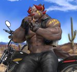 abs anthro big_muscles biker bottomwear cactus cigar clothed clothing cloud day desert detailed_background fingerless_gloves fire gloves hair handwear holding_object horn horn_jewelry horn_ring jewelry leather lighter lighting_cigar male motorcycle muscular muscular_anthro muscular_male navel open_clothing open_topwear open_vest outside pants pecs plant red_eyes ring_(jewelry) sitting sky smoke smoking solo tattoo topwear vehicle vest episode0006 canid canine canis mammal wolf 2021 hi_res