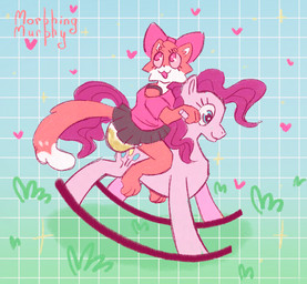 abdl anthro big_bow big_tail blue_eyes bodily_fluids bottomwear bow_on_head clothing curled_tail curly_hair cutie_mark diaper duo eyelashes female female/female feral genital_fluids geometric_background grass grid_background hair happy heart_symbol multicolored_body open_mouth pattern_background pink_body pink_eyes pink_hair plant rocking_horse simple_background skirt smile star_symbol tail unclean_diaper urine used_diaper wet_diaper morphing_murphy friendship_is_magic hasbro my_little_pony pinkie_pie_(mlp) domestic_cat equid equine felid feline felis horse mammal pony hi_res