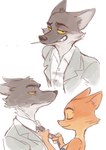 2022 anthro business_attire business_suit canid canine canis clothed clothing colo diane_foxington dreamworks duo eyebrow_piercing eyes_closed facial_piercing female fox fur hi_res interspecies male mammal mr._wolf_(the_bad_guys) necktie orange_body orange_fur piercing shirt simple_background smile suit the_bad_guys topwear wolf