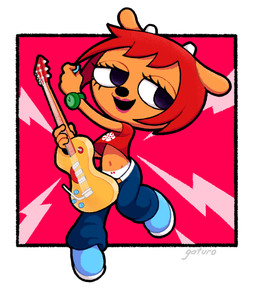 anthro biped blue_clothing blue_footwear blue_shoes bow_panties bow_underwear clothed clothing crop_top electric_guitar eyelashes female flat_chested footwear fully_clothed fur guitar hair horn midriff musical_instrument navel orange_body orange_fur panties plantigrade playing_guitar playing_music plucked_string_instrument red_hair shirt shoes solo string_instrument topwear underwear white_clothing white_panties white_underwear gaturo parappa_the_rapper sony_corporation sony_interactive_entertainment um_jammer_lammy lammy_lamb bovid caprine mammal sheep full-length_portrait hi_res portrait shaded signature