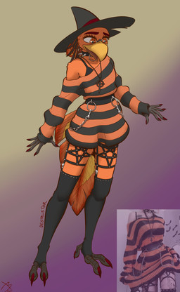 anthro belt_chain bra chain choker clothed clothing collar crossdressing dress feet femboy hat headgear headwear jewelry male necklace occult_symbol pattern_clothing pattern_dress pentagram solo spiked_collar spikes striped_clothing striped_dress stripes symbol talon_hands talons text toes underwear witch_hat destrustor european_mythology greek_mythology meme_clothing mythology destrustor_(character) avian mythological_avian mythological_bird mythological_creature mythological_firebird phoenix absurd_res english_text hi_res meme
