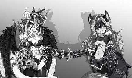 2_tails anthro clothing duo feathered_wings feathers female gatling_gun grin gun gun_arm hair horn legwear long_hair machine_gun minigun multi_tail neck_tuft pointy_ears ranged_weapon simple_background smile tail topwear tuft weapon weapon_arm wings richardart13 dragonborn_velatis lena_the_jackal velatis_ferio_caedo canid canine canis jackal mammal unknown_species absurd_res hi_res monochrome watermark