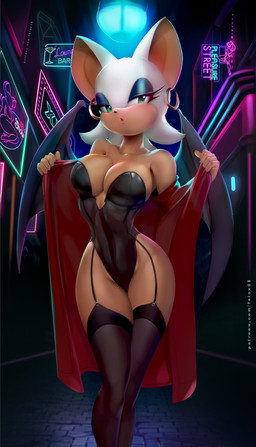 alley anthro bat_wings bedroom_eyes big_breasts black_nose breasts cleavage clothed clothing dark detailed_background ear_piercing ear_ring eyelashes eyeshadow female flashing garter_straps green_eyes hair half-closed_eyes legs_together legwear leotard lingerie looking_at_viewer makeup membrane_(anatomy) membranous_wings narrowed_eyes neon_sign open_mouth piercing ring_piercing robe seductive short_hair sign small_waist solo standing stockings strapless_clothing strapless_leotard stripper teddy_(clothing) text thigh_highs white_hair wings felox08 patreon sega sonic_the_hedgehog_(series) rouge_the_bat bat mammal 2022 artist_name english_text hi_res url
