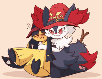 anthro clothing dipstick_tail duo fur headgear headwear hug hugging_another hugging_from_behind inner_ear_fluff kneeling markings pawpads pink_pawpads red_body red_clothing red_eyes red_fur red_headwear red_inner_ear_fluff red_tail shadow tail tail_markings tuft two_tone_tail white_body white_fur yellow_body usv02 nintendo pokemon fan_character braixen canid canine generation_3_pokemon generation_6_pokemon mammal mawile pokemon_(species) 2025 animated loop