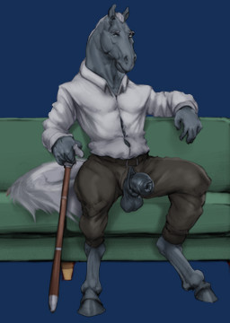 animal_genitalia animal_penis anthro balls belt belt_buckle bottomwear buckle cane clothing equine_genitalia equine_penis eye_scar facial_scar fingers flaccid fully_sheathed fur furniture genitals grey_body grey_fur hair holding_cane holding_object hooves horse_ears leaning_on_furniture looking_at_viewer male pants penis penis_poking_out penis_through_fly scar sheath shirt sitting sofa solo tail topwear white_hair white_tail laser_(artist) biers equid equine horse mammal alpha_channel hi_res