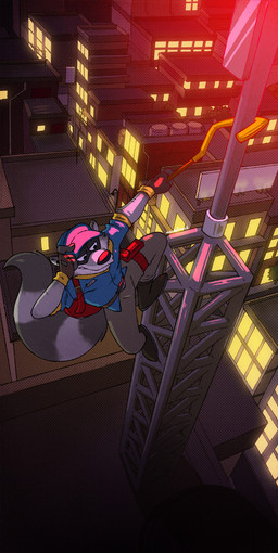 anthro arm_hair body_hair boots bottomless bottomless_anthro bottomless_male cane city cityscape clothed clothing earpiece fingerless_gloves footwear fur gloves grey_body grey_fur grin half-closed_eyes handwear hat headgear headwear high-angle_view male male_anthro markings narrowed_eyes night radio_tower rooftop shirt shoes smile solo striped_markings striped_tail stripes tail tail_markings thigh_pouch topwear nardodraws sly_cooper_(series) sony_corporation sony_interactive_entertainment sucker_punch_productions sly_cooper mammal procyonid raccoon 2025 hi_res