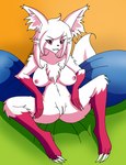 anthro bed big_breasts breasts chest_tuft claws fangs female fur furniture genitals gloves_(marking) hair inner_ear_fluff leg_markings looking_at_viewer markings messy_hair nipples nude pillow pink_body pink_eyes pink_fur pussy socks_(marking) solo teeth tuft white_body white_claws white_fur white_hair nikku_lunatique charlie_(nikku_lunatique) canid canine canis fox mammal hi_res