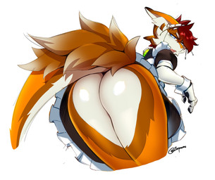 annoyed anthro bangs bent_over black_text blue_eyes blush butt butt_focus butt_heart cheek_tuft clothed clothing crossdressing crossdressing_male cuffs_(clothing) ears_down embarrassed facial_tuft femboy fluffy fluffy_tail fur fur_markings glistening glistening_butt hair half-closed_eyes inner_ear_fluff leaning leaning_forward looking_at_viewer looking_back looking_back_at_viewer maid_headdress maid_uniform male markings narrowed_eyes open_mouth orange_body orange_fur pawpads pivoted_ears prosthetic prosthetic_arm prosthetic_limb rear_view red_hair simple_background solo standing tail tail_tuft text tuft uniform white_background white_body white_fur zerpreros durrvish mammal novabeast 2025 artist_name hi_res signature
