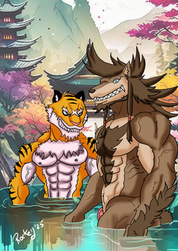 abs anthro duo fur hot_spring male muscular nipples nude onsen water rockeythelombax re:zero garfiel_tinzel ricardo_welkin canid canine canis felid mammal pantherine tiger wolf absurd_res digital_media_(artwork) hi_res
