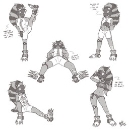 abs bandage bikini bottomwear claws cleavage_cutout clothed clothing cutout dialogue female footwear knee_pads looking_at_viewer muscular muscular_female on_one_leg one_leg_up pose presenting_abs raised_leg roller_skates sharp_teeth shorts simple_background sitting smile solo spikes standing stretching swimwear talking_to_viewer teeth text two-piece_swimsuit white_background zipper nekostar bandai_namco digimon animal_humanoid bearcatmon digimon_(species) humanoid 1:1 2026 english_text greyscale hi_res monochrome signature