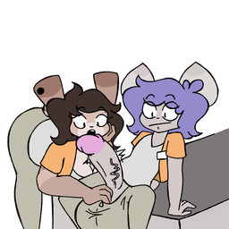 anthro assisted_exposure big_penis clothed clothing duo erection female genitals huge_penis hyper hyper_genitalia hyper_penis looking_at_genitalia looking_at_penis male male/female partially_clothed penis shocked sitting throbbing throbbing_penis vein flufflewdzthings oliver_(flufflewdzthings) canid canine canis hare lagomorph leporid mammal rabbit wolf 1:1 hi_res
