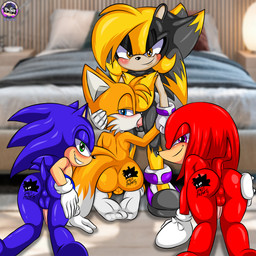 all_fours anthro balls black_body black_fur blue_body blue_eyes blue_fur butt canon_x_oc fur genitals grabbing_head green_eyes group half-closed_eyes hand_on_butt hand_on_head kneeling looking_at_viewer looking_back looking_back_at_viewer male male/male narrowed_eyes oral oral_penetration penetration purple_eyes rear_view red_body red_fur seductive smile smiling_at_viewer standing yellow_body yellow_eyes yellow_fur sirjzau sega sonic_the_hedgehog_(series) knuckles_the_echidna miles_prower sonic_the_hedgehog zau_the_tenrec afrosoricid canid canine echidna eulipotyphlan fox hedgehog mammal monotreme tenrec 1:1 absurd_res hi_res