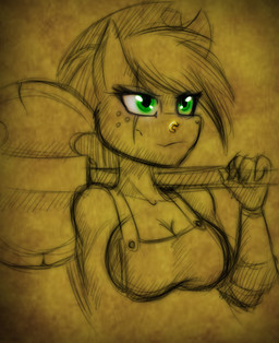 anthro anthrofied axe breasts clothing cowboy_hat facial_piercing female hat headgear headwear melee_weapon nose_piercing piercing solo weapon jrvanesbroek friendship_is_magic hasbro my_little_pony applejack_(mlp) earth_pony equid equine horse mammal pony digital_drawing_(artwork) digital_media_(artwork)