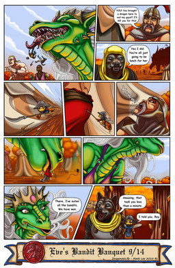 anthro arm_tattoo attack bandits border facial_piercing falling female female_pred forest forest_background group hammer human_prey knight larger_female male male_prey melee_weapon nature nature_background nose_piercing oral_vore piercing plant poking_butt polearm rock scared shirtless_male size_difference smaller_male smug_face spear sword tattoo tent text tools tree unwilling_prey vore warrior weapon white_border markie mythology eve_(markie) jam_(markie) roy_(markie) arthropod bee canid canine dragon human humanoid hymenopteran insect mammal mythological_creature mythological_scalie scalie comic english_text hi_res