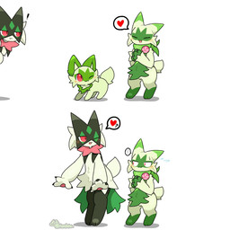 ambiguous_gender black_body black_fur blush bodily_fluids evolutionary_family exclamation_point fur green_body green_fur heart_symbol one_eye_closed smile speech_bubble sweat tail tail_motion tailwag wiggle wink tontaro nintendo pokemon floragato generation_9_pokemon meowscarada pokemon_(species) sprigatito 1:1 animated animated_gif short_playtime
