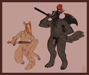 anthro armor axe balls border digitigrade duo genitals headgear headgear_only helmet helmet_only humanoid_genitalia humanoid_penis male melee_weapon nipples penis red_border scabbard simple_background sword weapon hotmeatcat69420 canid canine canis mammal wolf hi_res