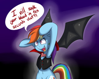 alternate_species blue_body blue_fur bow_(feature) bow_tie clothing cutie_mark dialogue fangs female feral fur hair long_hair membrane_(anatomy) membranous_wings multicolored_hair multicolored_tail open_mouth purple_eyes rainbow_hair rainbow_tail smile solo standing tail teeth text tongue topwear vest wings vicse friendship_is_magic hasbro my_little_pony rainbow_dash_(mlp) equid equine horse hybrid mammal pony vampire absurd_res english_text hi_res