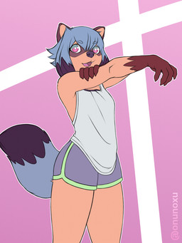 anthro blue_hair female fluffy fluffy_tail fur hair heterochromia looking_at_viewer open_mouth orange_body orange_fur simple_background solo tail noxu brand_new_animal studio_trigger michiru_kagemori canid canine mammal raccoon_dog tanuki 3:4 hi_res