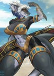 abs ankh anthro armor beach big_breasts bracers breasts claws clothed clothing dark_body ear_piercing ear_ring egyptian egyptian_clothing facial_tattoo female gradient_hair hair jewelry markings muscular muscular_female muscular_thighs nipple_outline non-mammal_breasts non-mammal_ears non-mammal_hair piercing ring_piercing sea sharp_teeth smile solo spots spotted_body surfboard swimwear tail tattoo teeth thick_thighs water white_hair yellow_eyes albinion soraya_dax fish marine shark absurd_res digital_media_(artwork) hi_res