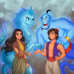 beard blue_body blue_eyes blue_fur blue_horn blue_skin clothed clothed_female clothed_male clothing curled_beard facial_hair female feral fur gesture gold_wristwear group hand_on_hand handshake horn looking_at_another male open_hand open_mouth smile smiling_at_another daekazu disney disney's_aladdin mythology raya_and_the_last_dragon aladdin_(disney) genie_(disney) raya_(ratld) sisu_(ratld) aquatic aquatic_dragon dragon eastern_dragon furred_dragon furred_scalie genie human humanoid mammal mythological_creature mythological_scalie scalie 1:1 hi_res