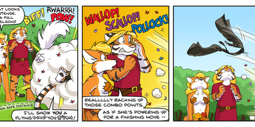 anthro brawl breasts camera comic_panel dialogue dust_cloud female fight_cloud grawlixes group humorous_sound_effects leaf leaf_censor male sound_effects symbol text toony video_camera cartoonwolf 9_to_9 amber_(9_to_9) andrea_(9_to_9) jessie_(9_to_9) tor_(9_to_9) canid canine felid fox mammal pantherine tiger comic english_text