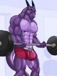 abs anthro athletic_wear barbell biceps big_muscles black_nipples bodily_fluids bottomwear bulge clothed clothing countershading exercise gym_bottomwear gym_shorts horn male muscular muscular_anthro muscular_male nipples obliques pecs purple_body purple_skin red_eyes shorts simple_background solo standing sweat tail topless triceps weightlifting weights workout dream_and_nightmare european_mythology mythology benjamin_kona_(character) dragon mythological_creature mythological_scalie reptile scalie western_dragon wingless_dragon 2017 3:4 hi_res