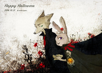 abstract_background anthro cape clothing duo female green_eyes half-closed_eyes hand_holding holding_object holiday_message holidays lamp lantern looking_at_viewer looking_back male narrowed_eyes necktie outside purple_eyes ribbons size_difference smile suit text noko_ume disney halloween zootopia judy_hopps nick_wilde canid canine fox lagomorph leporid mammal rabbit red_fox true_fox 2016 english_text