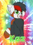 anthro brown_body brown_fur fur green_eyes grey_body grey_fur hair male multicolored_hair piercing red_body red_fur solo text tongue tongue_out white_body white_fur computerdeathglare kaz ailurid mammal red_panda 3:4 absurd_res character_badge_(artwork) english_text hi_res