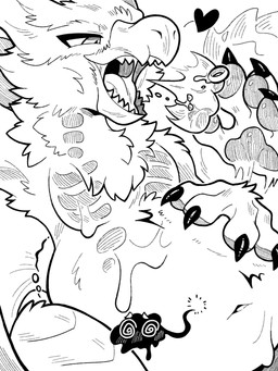 accessory anthro belly big_belly bodily_fluids burping burping_up_object digestion eating food jewelry kemono looking_at_another male ring saliva sharp_teeth size_difference solo sushi teeth vore tianhua capcom monster_hunter mythology avian canid canine flying_wyvern fox mammal nargacuga 2025 3:4 black_and_white comic hi_res monochrome