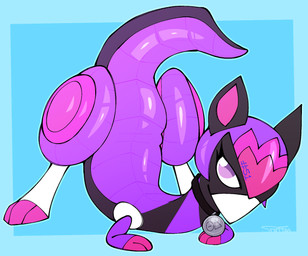 ass_up collar collar_only collar_tag feral jack-o'_pose looking_at_viewer nude pose purple_body purple_eyes therian_symbol softestpuffss beastieball fan_character beastie_(species) daredillo_(beastieball) hi_res