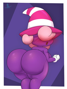 bent_over big_butt blush blush_lines breasts butt clothing female fingers gloves hair hair_over_eye handwear hat hat_only headgear headgear_only headwear headwear_only huge_butt looking_at_viewer looking_back mostly_nude not_furry one_eye_obstructed open_mouth pink_hair presenting presenting_hindquarters purple_body rear_view side_boob simple_background solo surprised thick_thighs white_clothing white_gloves white_handwear wide_hips witch_hat witch_hat_only whynotwynaut mario_bros nintendo paper_mario vivian_(mario) ghost shadow_siren spirit 2022 3:4 digital_media_(artwork) hi_res portrait shaded signature three-quarter_portrait
