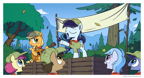 acoustic_guitar female feral group guitar musical_instrument playing_guitar playing_music plucked_string_instrument singing stage string_instrument young wandrevieira1994 friendship_is_magic hasbro my_little_pony applejack_(mlp) coloratura_(mlp) earth_pony equid equine horse mammal pony 2016 hi_res