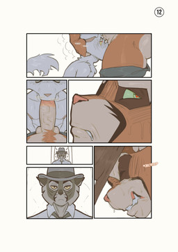 anthro ball_tuft balls_deep bodily_fluids bottomwear bottomwear_down breath breathing_noises brown_clothing brown_hat brown_headwear cheek_tuft clothed clothing facial_tuft fellatio fur genitals grabbing_head green_sclera grey_bottomwear grey_clothing grey_pants group hat headgear headwear heart_eyes heart_symbol humanoid_genitalia humanoid_penis male male/male onomatopoeia oral oral_penetration orange_body orange_fur pants pants_down partially_clothed penetration penile penis saliva sex sound_effects sweat tears text tongue tongue_out trio tuft vein veiny_penis white_body white_fur yellow_sclera scottdeer lackadaisy atlas_may viktor_vasko virgil_(lackadaisy) domestic_cat felid feline felis mammal absurd_res comic english_text hi_res