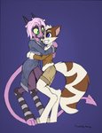 anthro blue_eyes bottomwear clothing coat duo female green_eyes horn hug leg_warmers legwear male male/female shorts simple_background spade_tail tail topwear trenchcoat remarkably_average dreamkeepers mace_(dreamkeepers) namah_calah domestic_cat felid feline felis lizard mammal reptile scalie colored hi_res