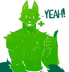 alternate_species anthro arm_tuft blush blush_lines cheek_tuft chest_tuft clothed clothing facial_tuft fur furrification gesture green_body green_fur hand_gesture inner_ear_fluff male muscular muscular_anthro muscular_male navel neck_tuft open_mouth pointy_ears prick_ears shoulder_tuft simple_background simple_eyes snout solo tail text thumbs_up topless tuft underwear white_background arkumira miiverse yeah!_(miiverse) canid canine canis mammal wolf 2024 english_text hi_res meme