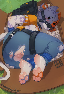 4_toes ankles_tied anthro anus arm_tattoo arms_tied ball_gag barbell_piercing barefoot big_butt blush blush_lines blushing_at_viewer bodily_fluids body_blush bottomwear bound box breasts butt choker claws clothed clothed_anthro clothed_female clothing container denim denim_bottomwear denim_clothing empty_eyes exposed exposed_breasts eyebrows feet female female_anthro foot_blush gag gagged genitals hair hands_behind_back hindpaw humanoid_genitalia humanoid_heel humanoid_vulva in_box in_container inner_ear_fluff jeans jewelry legs_tied long_tail looking_at_viewer lying medium_breasts necklace nipple_barbell nipple_piercing nipples no_bra no_underwear on_side pants partially_clothed partially_clothed_anthro partially_clothed_female pawpads paws piercing plantigrade plantigrade_pawpads raised_clothing raised_shirt raised_topwear saliva shirt short_hair side_view solo tail tattoo text toe_claws toeless_(marking) toes topwear torn_bottomwear torn_clothing torn_jeans torn_pants tuft vulva ansart epic_games fortnite cate_meowdy domestic_cat felid feline felis mammal absurd_res artist_name full-length_portrait hi_res portrait shaded