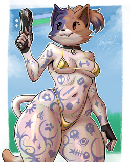 anthro arm_tattoo belly bikini breasts chest_tattoo clothing female golden_clothing gun hair handgun leg_tattoo medium_breasts navel pistol ponytail ranged_weapon skimpy_bikini smile solo swimwear tattoo thick_thighs triangle_bikini two-piece_swimsuit under_boob weapon rakurawr epic_games fortnite cate_meowdy domestic_cat felid feline felis mammal hi_res