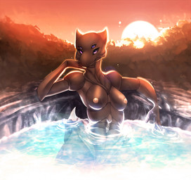 4_eyes anthro areola arthropod_abdomen bathing breasts brown_body dart day detailed_background female looking_at_viewer medium_breasts multi_eye nipples nude outside partially_submerged purple_eyes sky solo sun kristiana_puff arthropod 2021 digital_media_(artwork) hi_res